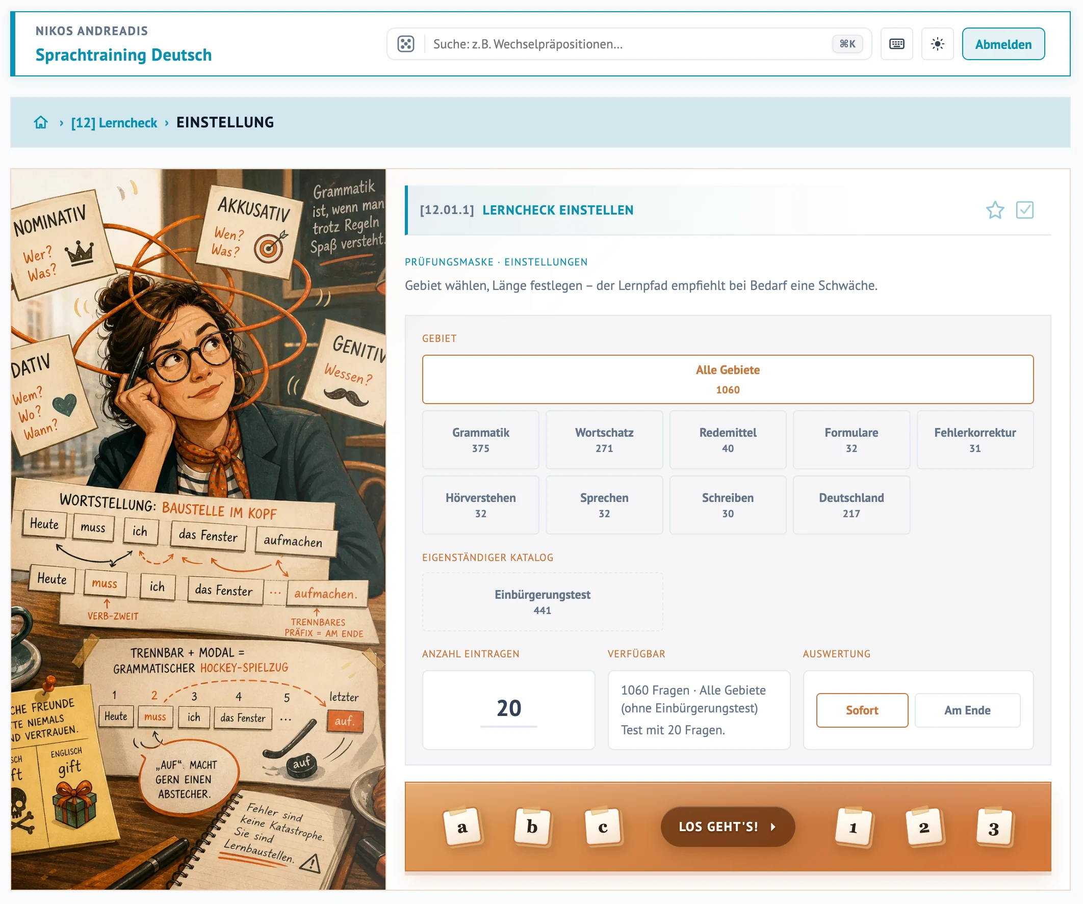 Interaktiver Lerncheck mit Kasus- und Grammatikübungen